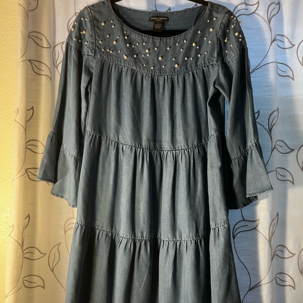 Light blue denim dress with pearls around the neck pit to pit 18.5 3/4 32 1/2